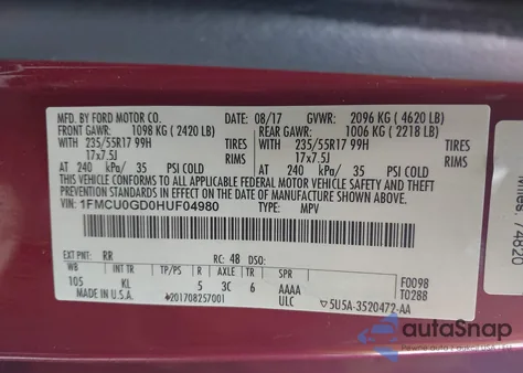 2017 Ford Escape Se z USA, uszkodzony, nr VIN 1FMCU0GD0HUF04980